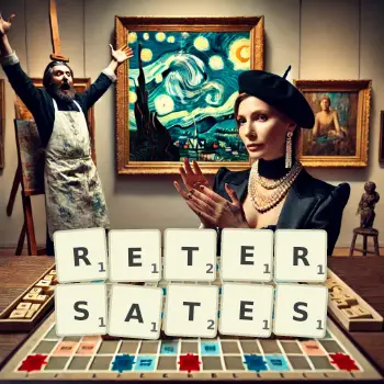 Illustration créative d'un jeu de lettres avec le mot RETERSATES épelé sur le plateau.