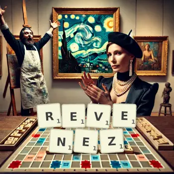 Illustration créative d'un jeu de lettres avec le mot REVENEZ épelé sur le plateau.