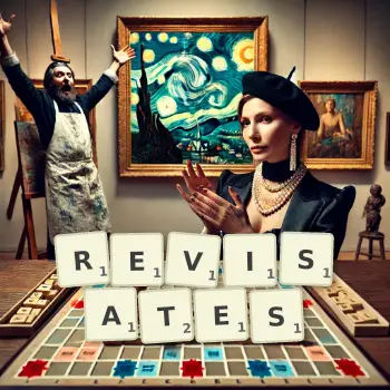 Illustration créative d'un jeu de lettres avec le mot REVISATES épelé sur le plateau.