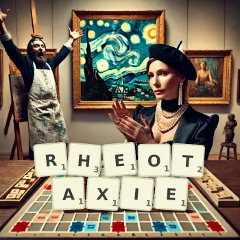 Illustration créative d'un jeu de lettres avec le mot RHEOTAXIE épelé sur le plateau.