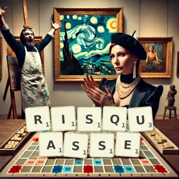 Illustration créative d'un jeu de lettres avec le mot RISQUASSE épelé sur le plateau.