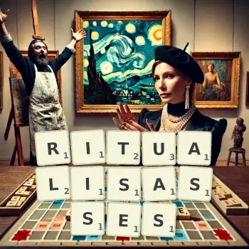 Illustration créative d'un jeu de lettres avec le mot RITUALISASSES épelé sur le plateau.
