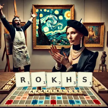 Illustration créative d'un jeu de lettres avec le mot ROKHS épelé sur le plateau.