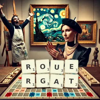 Illustration créative d'un jeu de lettres avec le mot ROUERGAT épelé sur le plateau.