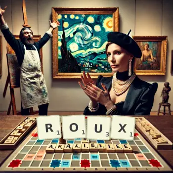 Illustration créative d'un jeu de lettres avec le mot ROUX épelé sur le plateau.