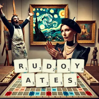 Illustration créative d'un jeu de lettres avec le mot RUDOYATES épelé sur le plateau.