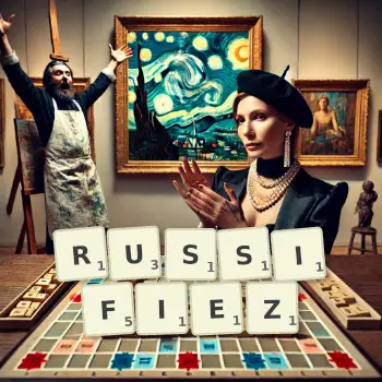 Illustration créative d'un jeu de lettres avec le mot RUSSIFIEZ épelé sur le plateau.