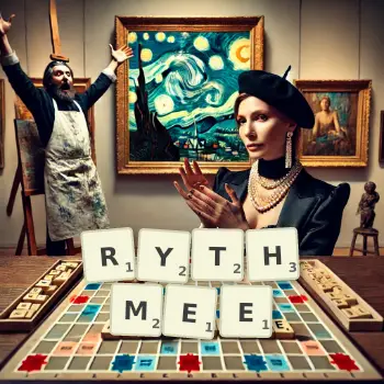 Illustration créative d'un jeu de lettres avec le mot RYTHMEE épelé sur le plateau.