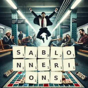 Illustration créative d'un jeu de lettres avec le mot SABLONNERIONS épelé sur le plateau.