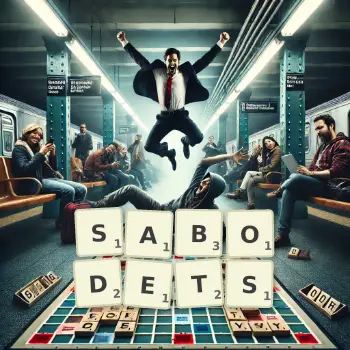 Illustration créative d'un jeu de lettres avec le mot SABODETS épelé sur le plateau.