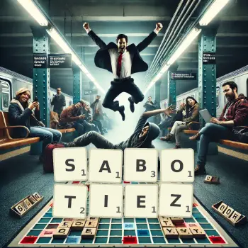 Illustration créative d'un jeu de lettres avec le mot SABOTIEZ épelé sur le plateau.