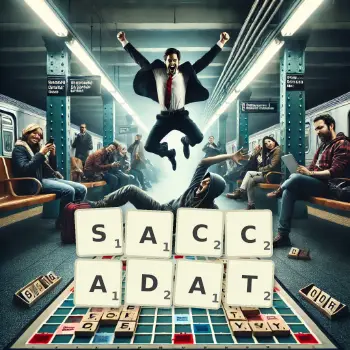 Illustration créative d'un jeu de lettres avec le mot SACCADAT épelé sur le plateau.