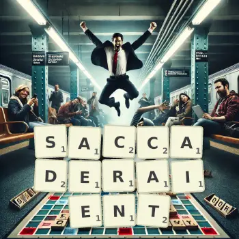 Illustration créative d'un jeu de lettres avec le mot SACCADERAIENT épelé sur le plateau.