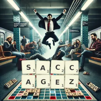 Illustration créative d'un jeu de lettres avec le mot SACCAGEZ épelé sur le plateau.