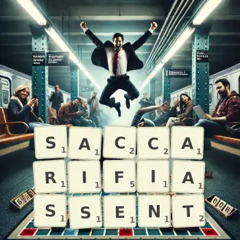 Illustration créative d'un jeu de lettres avec le mot SACCARIFIASSENT épelé sur le plateau.