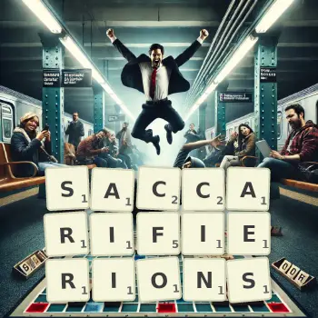 Illustration créative d'un jeu de lettres avec le mot SACCARIFIERIONS épelé sur le plateau.