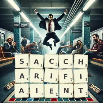 Illustration créative d'un jeu de lettres avec le mot SACCHARIFIAIENT épelé sur le plateau.