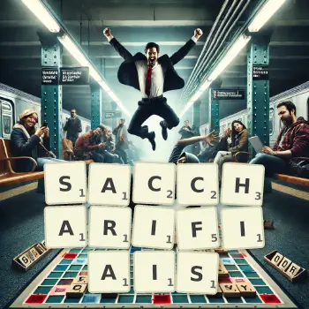 Illustration créative d'un jeu de lettres avec le mot SACCHARIFIAIS épelé sur le plateau.