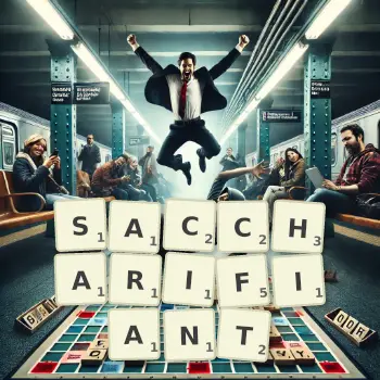 Illustration créative d'un jeu de lettres avec le mot SACCHARIFIANT épelé sur le plateau.