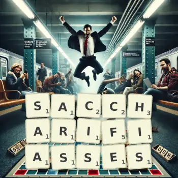 Illustration créative d'un jeu de lettres avec le mot SACCHARIFIASSES épelé sur le plateau.