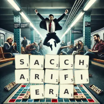 Illustration créative d'un jeu de lettres avec le mot SACCHARIFIERA épelé sur le plateau.