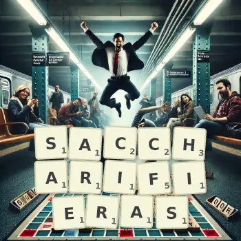 Illustration créative d'un jeu de lettres avec le mot SACCHARIFIERAS épelé sur le plateau.