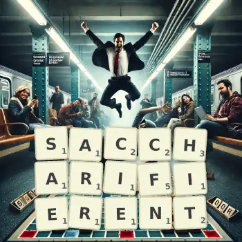 Illustration créative d'un jeu de lettres avec le mot SACCHARIFIERENT épelé sur le plateau.