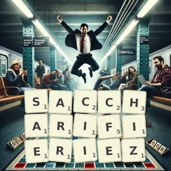 Illustration créative d'un jeu de lettres avec le mot SACCHARIFIERIEZ épelé sur le plateau.