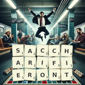 Illustration créative d'un jeu de lettres avec le mot SACCHARIFIERONT épelé sur le plateau.