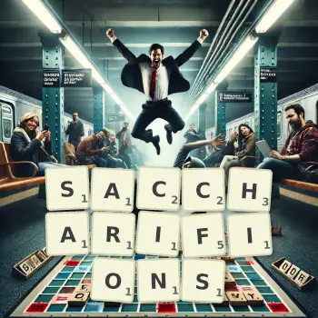 Illustration créative d'un jeu de lettres avec le mot SACCHARIFIONS épelé sur le plateau.