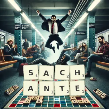 Illustration créative d'un jeu de lettres avec le mot SACHANTE épelé sur le plateau.