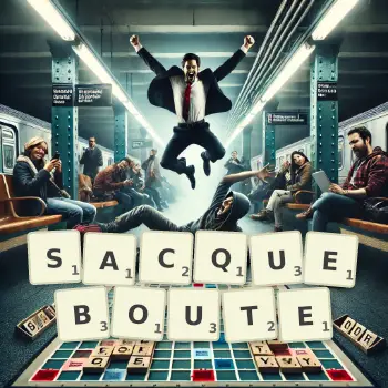 Illustration créative d'un jeu de lettres avec le mot SACQUEBOUTE épelé sur le plateau.