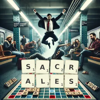 Illustration créative d'un jeu de lettres avec le mot SACRALES épelé sur le plateau.