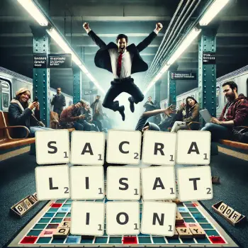 Illustration créative d'un jeu de lettres avec le mot SACRALISATION épelé sur le plateau.