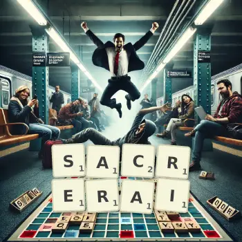 Illustration créative d'un jeu de lettres avec le mot SACRERAI épelé sur le plateau.