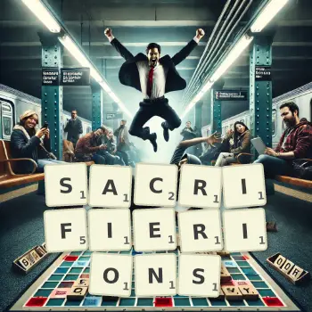 Illustration créative d'un jeu de lettres avec le mot SACRIFIERIONS épelé sur le plateau.