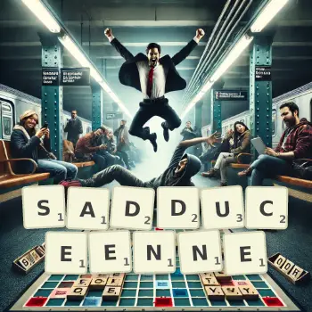 Illustration créative d'un jeu de lettres avec le mot SADDUCEENNE épelé sur le plateau.