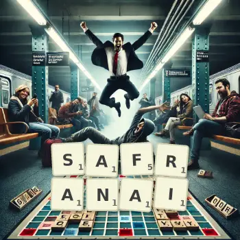 Illustration créative d'un jeu de lettres avec le mot SAFRANAI épelé sur le plateau.