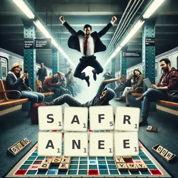 Illustration créative d'un jeu de lettres avec le mot SAFRANEE épelé sur le plateau.