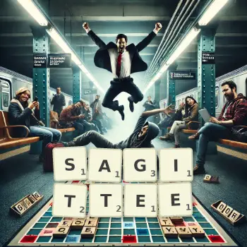 Illustration créative d'un jeu de lettres avec le mot SAGITTEE épelé sur le plateau.