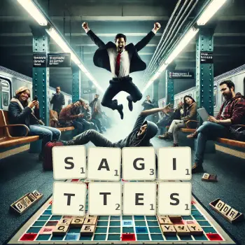 Illustration créative d'un jeu de lettres avec le mot SAGITTES épelé sur le plateau.