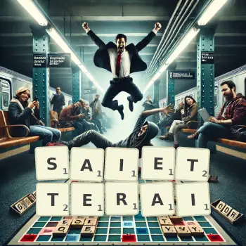 Illustration créative d'un jeu de lettres avec le mot SAIETTERAI épelé sur le plateau.