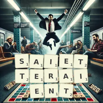 Illustration créative d'un jeu de lettres avec le mot SAIETTERAIENT épelé sur le plateau.