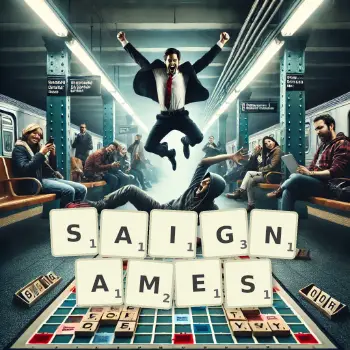 Illustration créative d'un jeu de lettres avec le mot SAIGNAMES épelé sur le plateau.