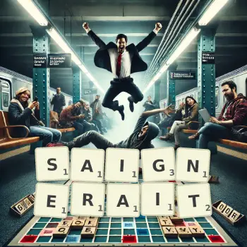 Illustration créative d'un jeu de lettres avec le mot SAIGNERAIT épelé sur le plateau.