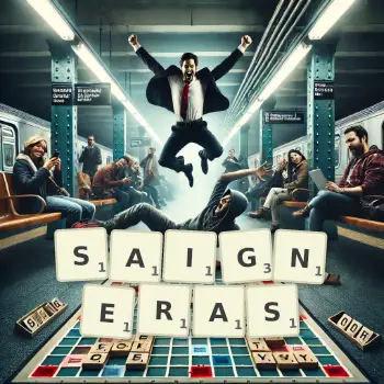 Illustration créative d'un jeu de lettres avec le mot SAIGNERAS épelé sur le plateau.