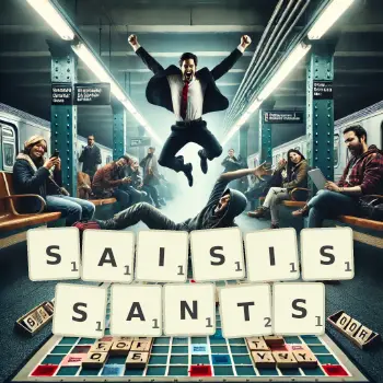 Illustration créative d'un jeu de lettres avec le mot SAISISSANTS épelé sur le plateau.