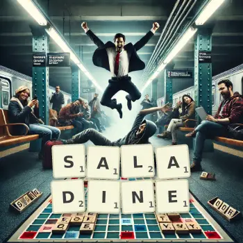 Illustration créative d'un jeu de lettres avec le mot SALADINE épelé sur le plateau.