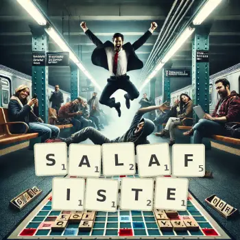 Illustration créative d'un jeu de lettres avec le mot SALAFISTE épelé sur le plateau.