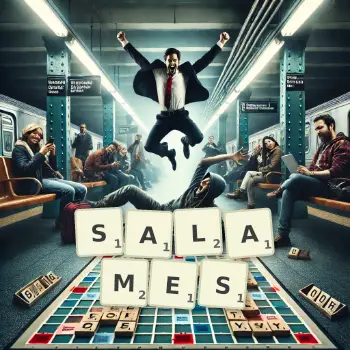 Illustration créative d'un jeu de lettres avec le mot SALAMES épelé sur le plateau.